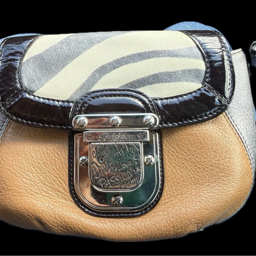Brighton Tan, Silver & Brown Mini Crossbody with Zebra Accent
